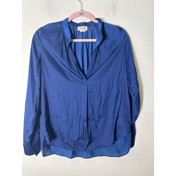 Zadig and Voltaire Dark Blue Satin Long Sleeve V-Neck Tunic Sz XS - Picture 1 of 1